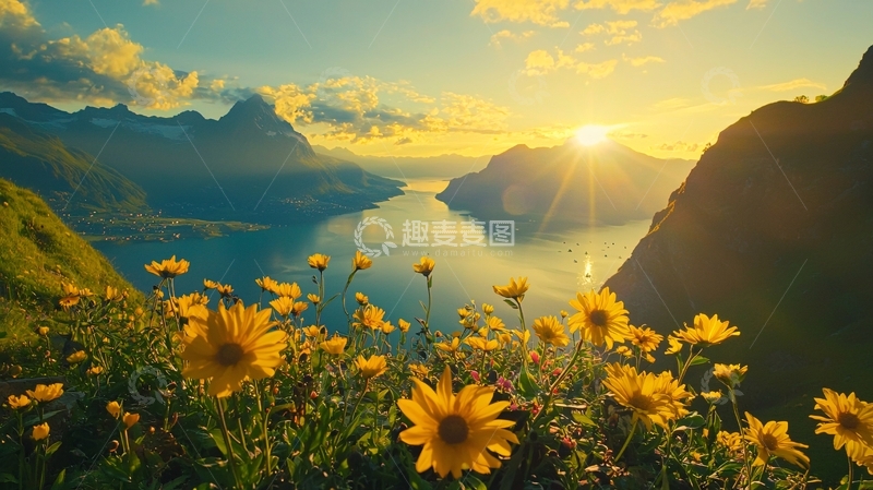 高清大图下载【趣麦麦图】山峦峡湾日出黄花