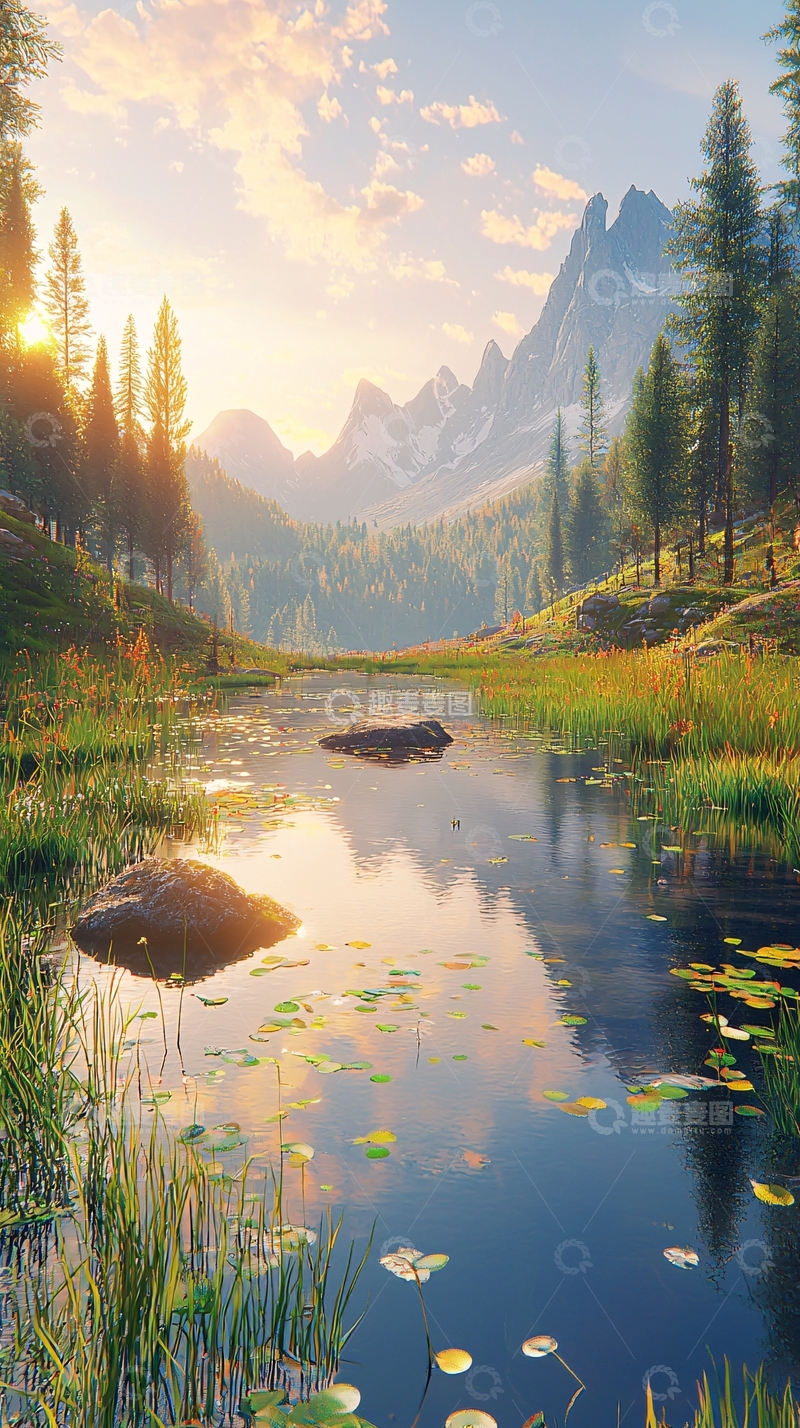 高清大图下载【趣麦麦图】清晨阳光下的宁静山谷