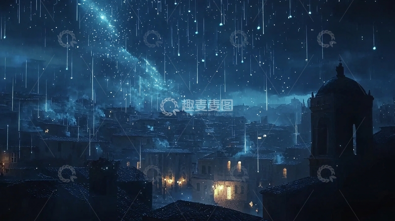 高清大图下载【趣麦麦图】蓝色星空下的雨夜小镇