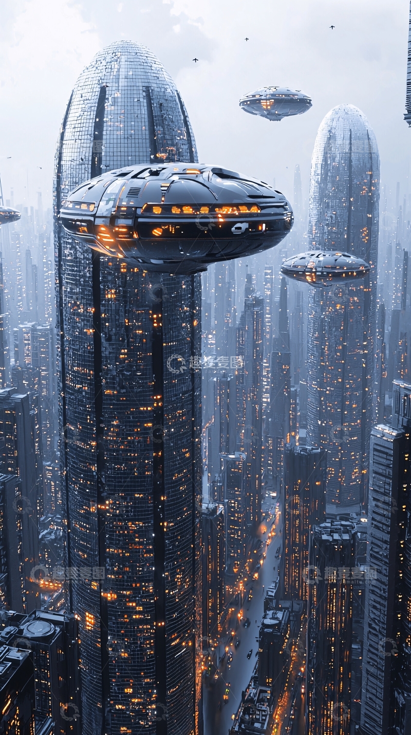 高清大图下载【趣麦麦图】未来城市空中飞船盘旋