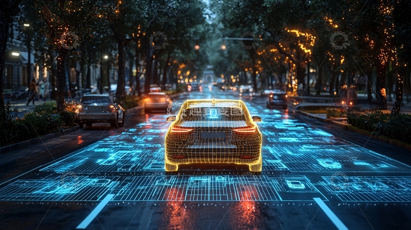 高清大图下载【趣麦麦图】夜间城市道路上的自动驾驶汽车