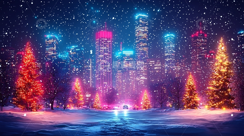 高清大图下载【趣麦麦图】霓虹灯闪耀的圣诞城市夜景