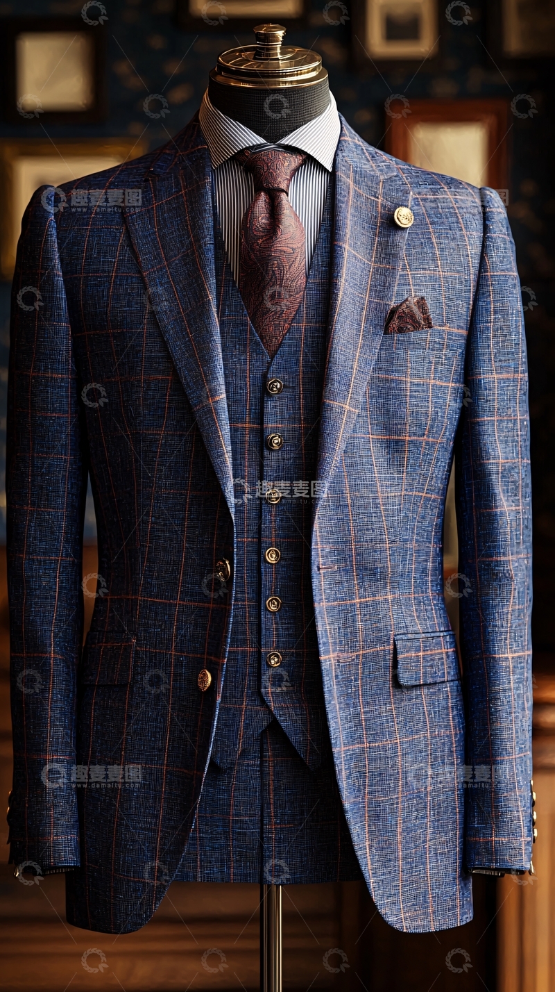 高清大图下载【趣麦麦图】蓝色格子西装三件套