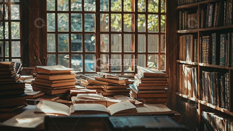 高清大图下载【趣麦麦图】窗边书堆图书馆复古