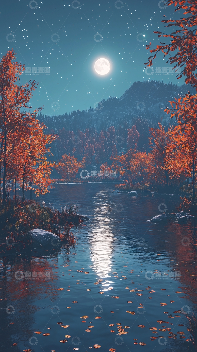 高清大图下载【趣麦麦图】秋夜月色湖边红枫