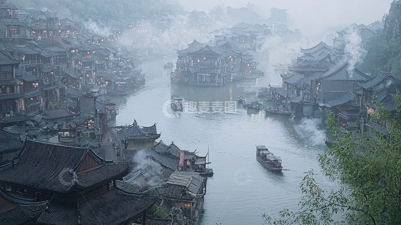 高清大图下载【趣麦麦图】雾气笼罩下的江南古镇