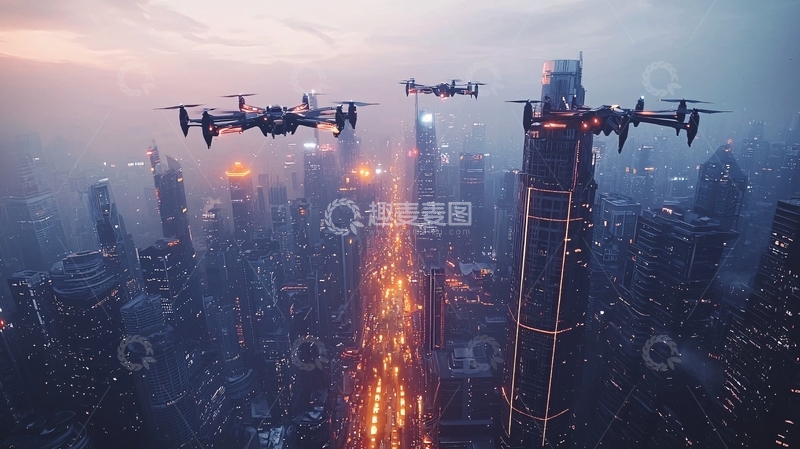 高清大图下载【趣麦麦图】无人机群飞过未来城市夜景