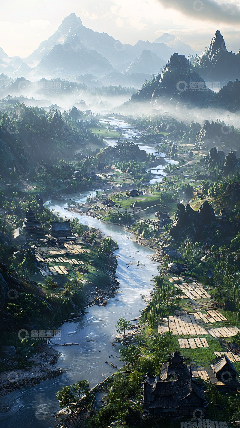 高清大图下载【趣麦麦图】山间河流村庄景色