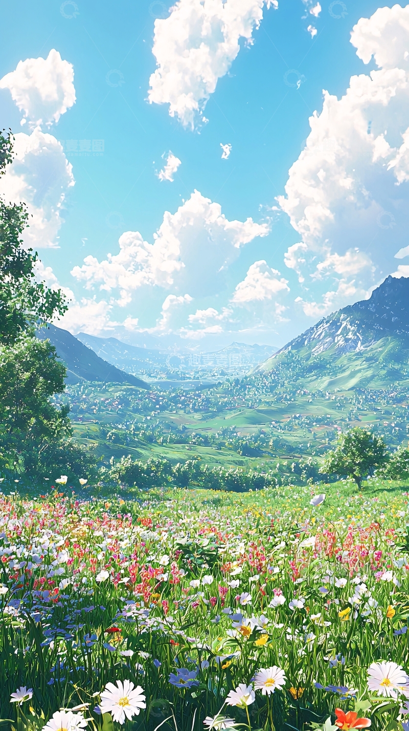 高清大图下载【趣麦麦图】阳光明媚的山谷花田