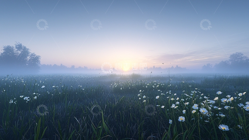 高清大图下载【趣麦麦图】清晨薄雾草原日出