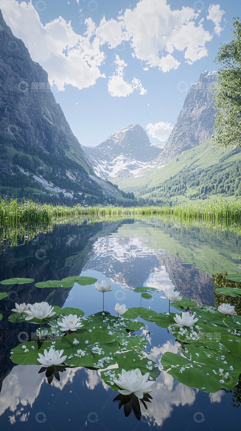 高清大图下载【趣麦麦图】山谷湖泊白莲倒影