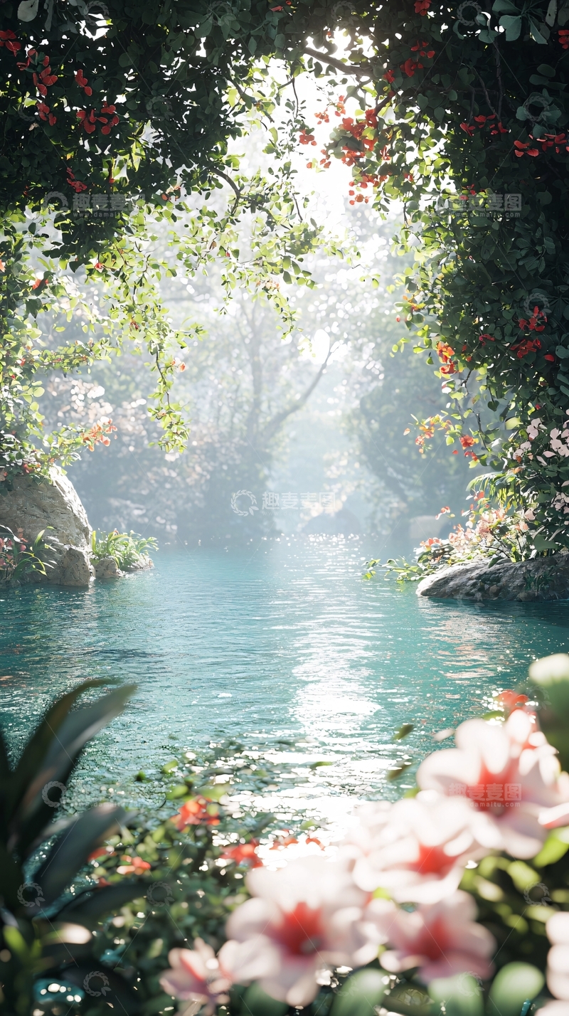 高清大图下载【趣麦麦图】阳光透过树林照射在清澈溪流