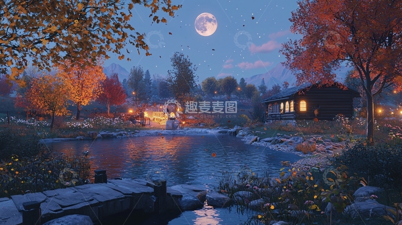 高清大图下载【趣麦麦图】秋夜森林小屋