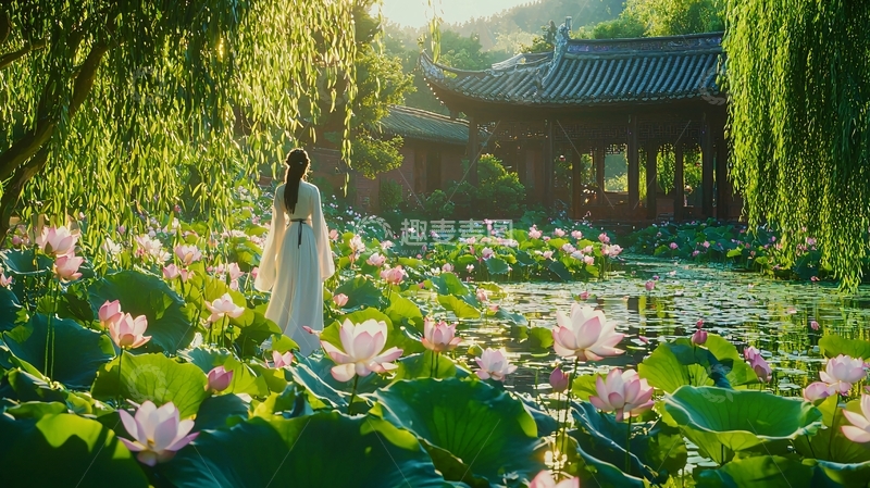 高清大图下载【趣麦麦图】古典女子荷花池