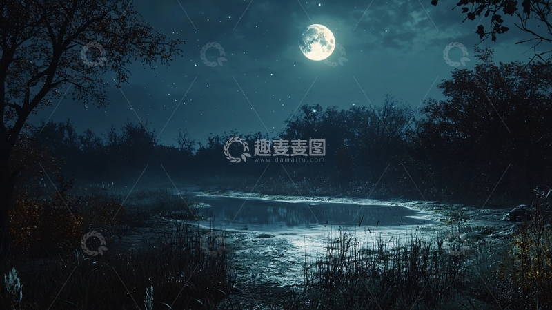 高清大图下载【趣麦麦图】月夜森林小河
