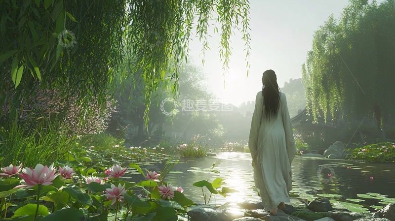 高清大图下载【趣麦麦图】古装女子河边漫步