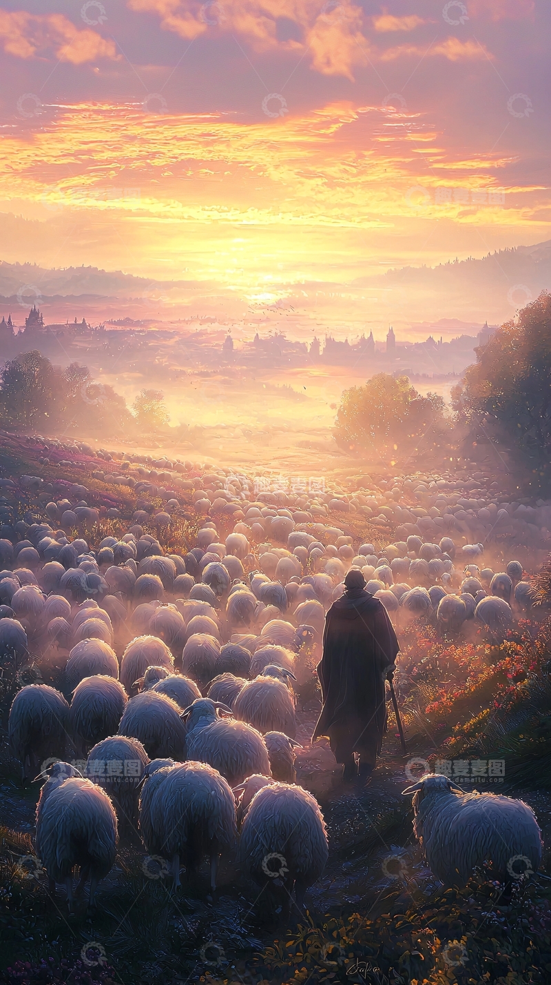 高清大图下载【趣麦麦图】日出牧羊人与羊群