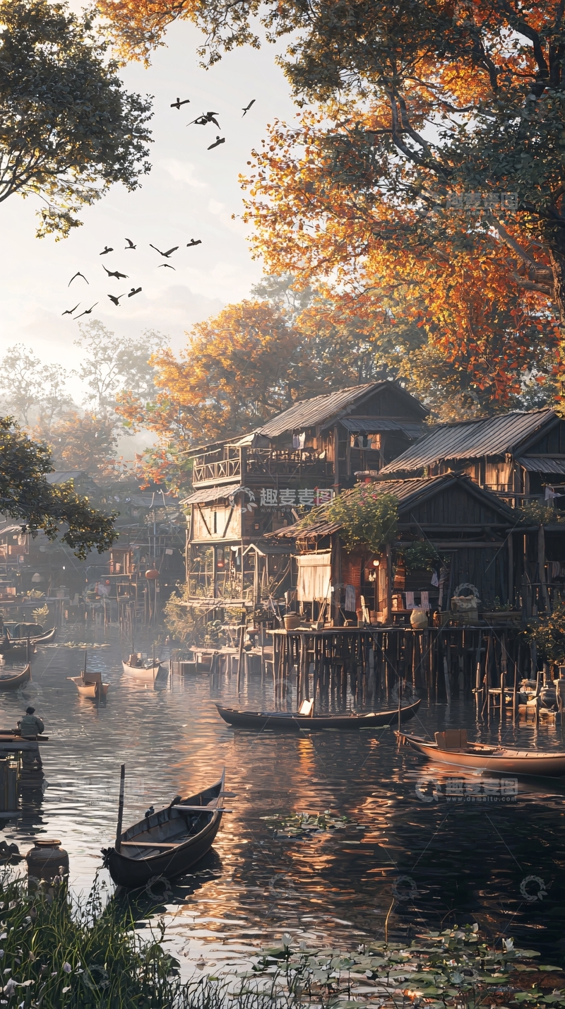高清大图下载【趣麦麦图】秋日古镇水上人家