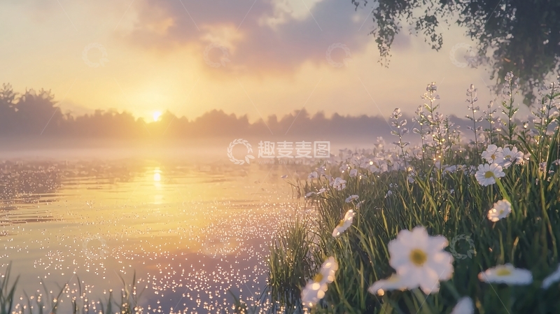 高清大图下载【趣麦麦图】清晨雾气湖边野花
