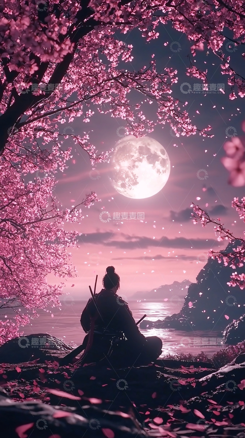 高清大图下载【趣麦麦图】唯美樱花月夜武士