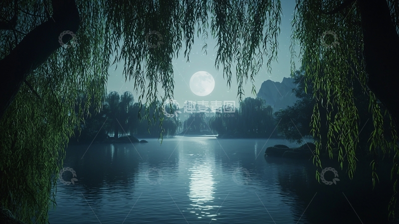 高清大图下载【趣麦麦图】月夜柳树湖泊
