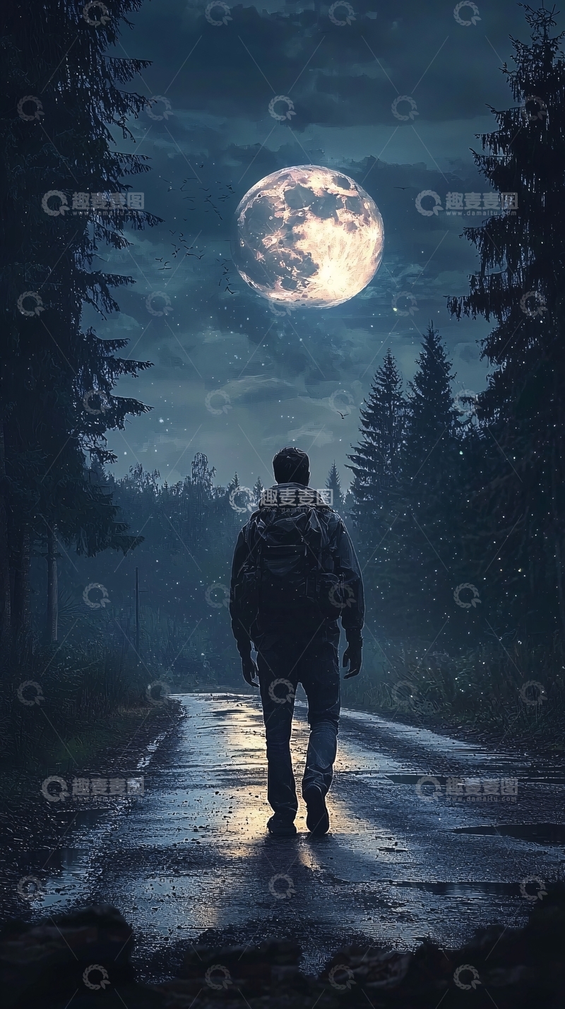高清大图下载【趣麦麦图】夜晚森林公路旅行者
