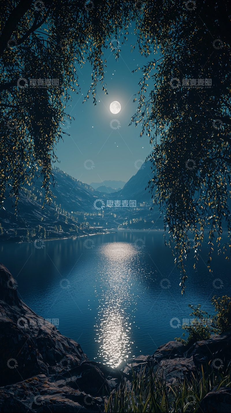 高清大图下载【趣麦麦图】月光下的宁静湖泊