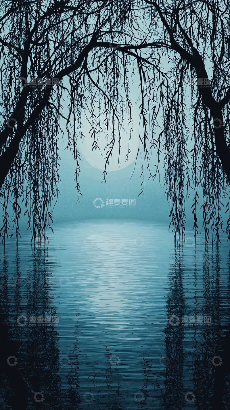 高清大图下载【趣麦麦图】月色下的垂柳湖景