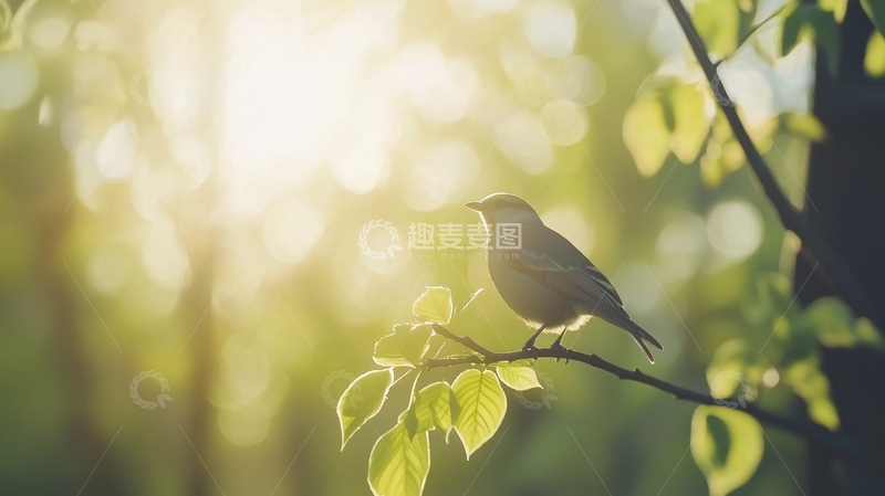 高清大图下载【趣麦麦图】阳光下的树枝小鸟