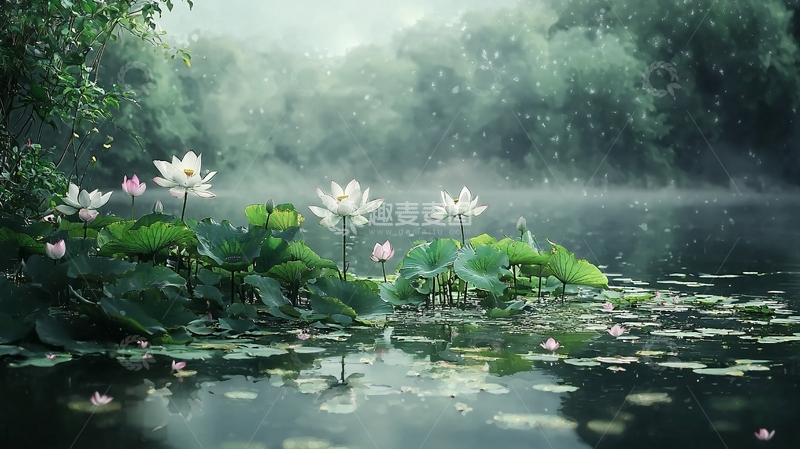 高清大图下载【趣麦麦图】雨雾中盛开的莲花
