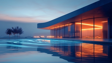 现代建筑湖边日落