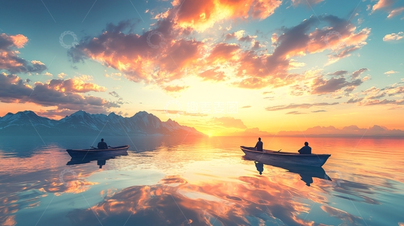 高清大图下载【趣麦麦图】日落湖面两艘小船