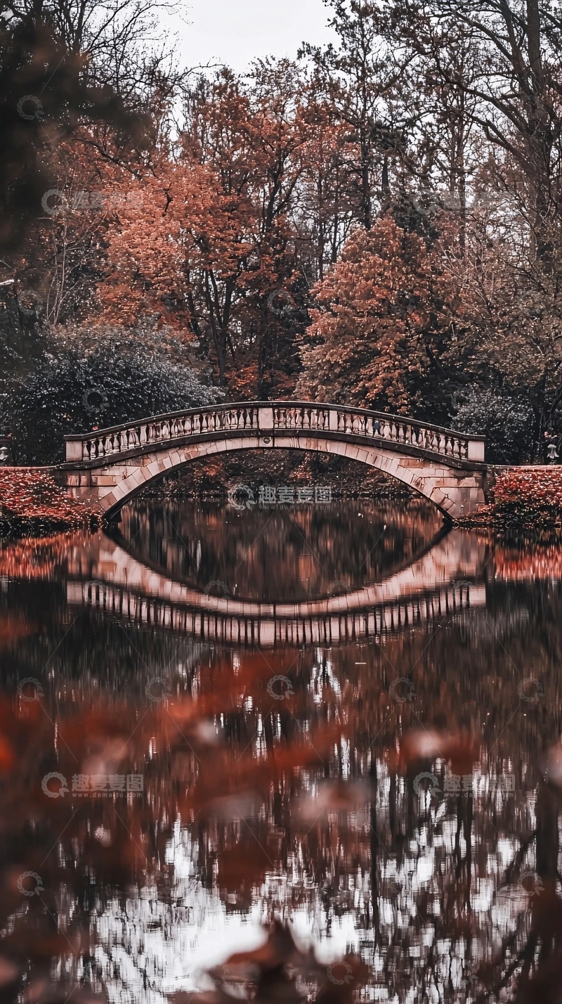 高清大图下载【趣麦麦图】秋日红叶倒影桥
