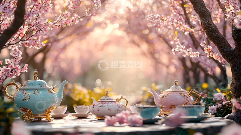 高清大图下载【趣麦麦图】春日樱花树下茶具