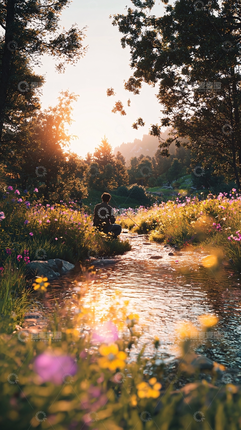 高清大图下载【趣麦麦图】傍晚溪边冥想之人