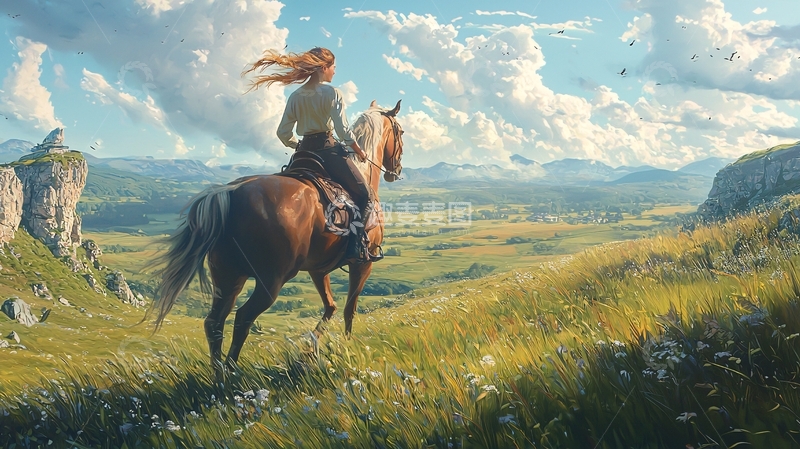高清大图下载【趣麦麦图】红发女子骑马远眺