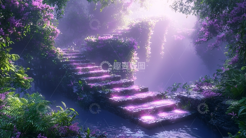 高清大图下载【趣麦麦图】梦幻紫色的森林石阶小路