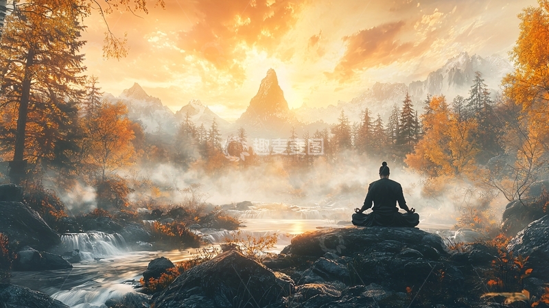 高清大图下载【趣麦麦图】静谧山林日出禅修