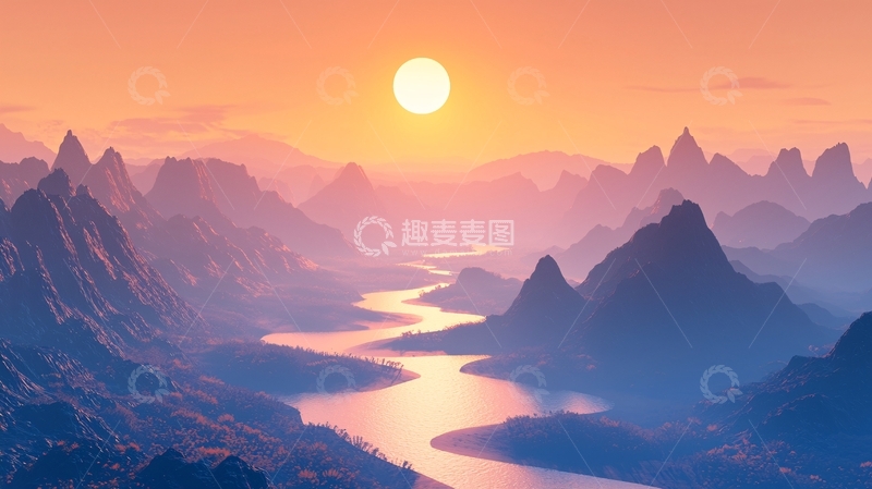 高清大图下载【趣麦麦图】日落山河