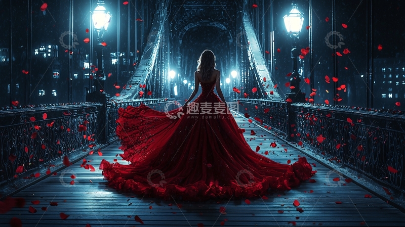 高清大图下载【趣麦麦图】红裙女子夜桥