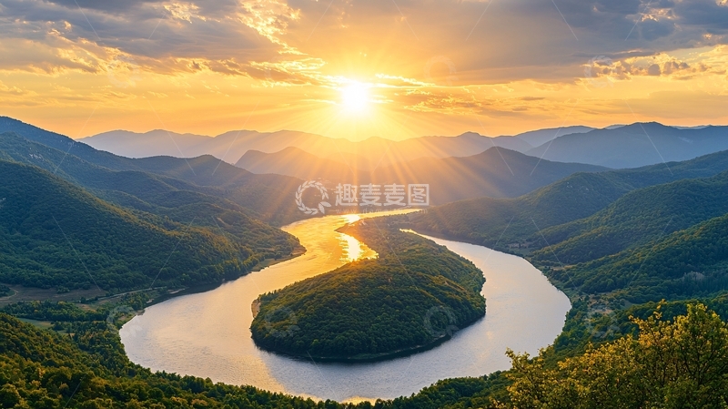 高清大图下载【趣麦麦图】日落河流山峦景色