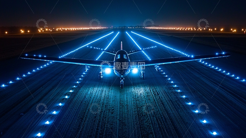 高清大图下载【趣麦麦图】夜间飞机跑道蓝色灯光