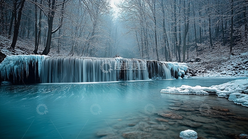 高清大图下载【趣麦麦图】冰雪覆盖的瀑布与清澈的湖面