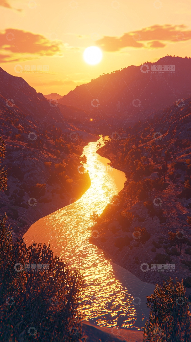 高清大图下载【趣麦麦图】夕阳西下峡谷河流