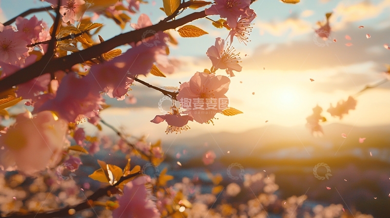 高清大图下载【趣麦麦图】夕阳下粉红色的樱花树
