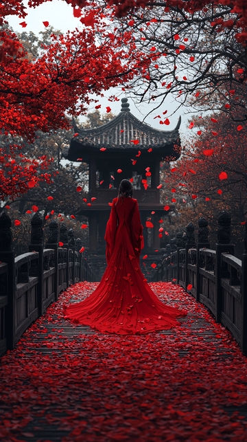 红衣女子秋景古亭