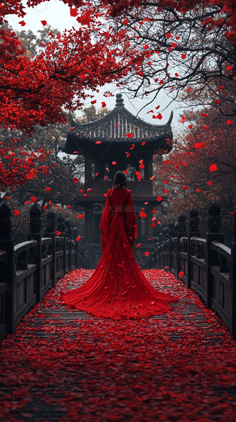 红衣女子秋景古亭