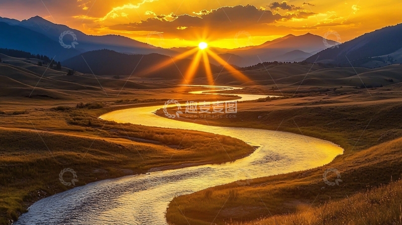 高清大图下载【趣麦麦图】金色阳光下的蜿蜒河流