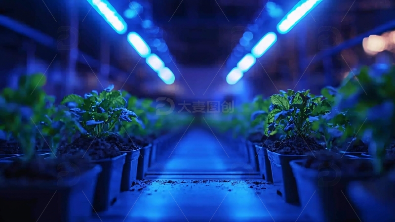 蓝光照射下的室内蔬菜种植