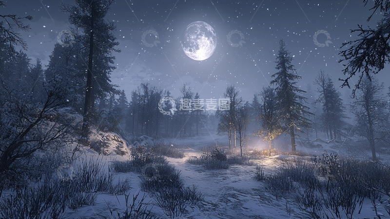 高清大图下载【趣麦麦图】冬夜森林月光皎洁